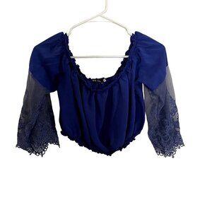 Mink Gal Lightweight blue cropped long sleeved lace off the shoulder bandeau top